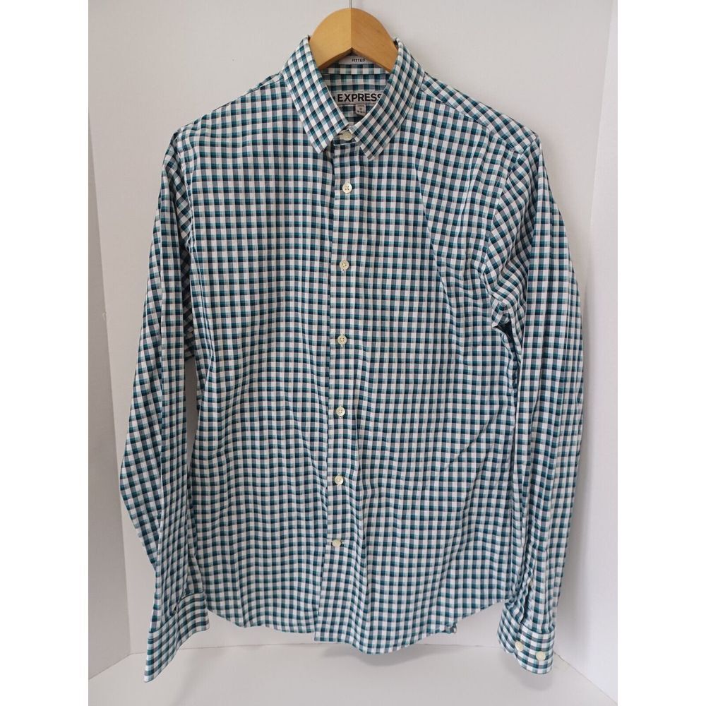 Express Button Up Shirt mens Medium 15-15.5 Fitted Long Sleeve Blue Plaid Cotton